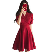 GOOHOJIO  New Autumn Bow-knot Dress Ladies V-Neck Oversized M-4XL Strap Dress Short Sleeve High Waist Red Dresses for Women