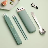 Kawaii Panda Portable Cutlery Set Chopsticks Spoon Silicone Stainless Steel Tableware For Camping Travel Utensils For Kitchen Flatware Sets