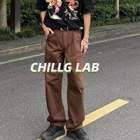 CHILLG LAB กางเกงขายาวผู้ชาย ญี่ปุ่น ย้อนยุค สไตล์อเมริกัน สีทึบ แข็ง ไม่เป็นทางการ ชาติ น้ำ ท่อตรง ชุดเอี๊ยมหลวมเก่า คู่รุ่น