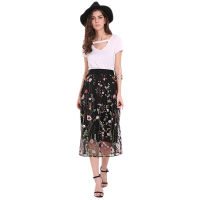 Women Fashion Vintage Long Skirts Elegant Black Lace Floral Embroidered Mesh Skirt Ladies Casual High Waist A Line Midi Skirt