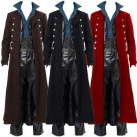 2021 Vintage Medieval Costumes Steampunk Gothic Black Long Jacket Coat Vampire Cosplay Pirate Halloween Outfit Mens Trenchcoat