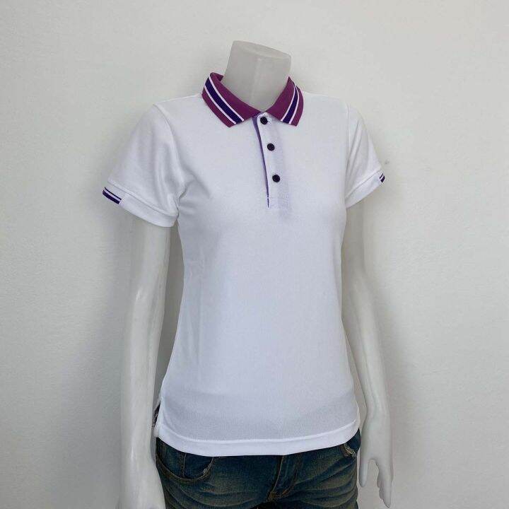 เสื้อโปโลสีขาว-polo-shirt-แบบชาย-สีขาว-ปกคอสีม่วง-เนื้อผ้า-ทีซีนุ่ม-สวมใส่สบาย-มีบริการส่งเก็บเงินปลายทาง