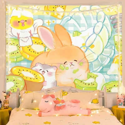 INS Wind Pig World Tapestry Cute Tapestry Cartoon Tapestry Girl Hanging Cloth Dormitory Tapestry Decoration Tapestry Background Cloth Room Bedside Tapestry Live Broadcast Tapestry