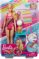 Barbie Dreamhouse Adventures Swim n Dive Doll, 11.5-Inch, in Swimwear, with Swimming Feature, Diving Board and Puppy GHK23 ตุ๊กตาบาร์บี้นักว่ายน้ำนักดำน้ำ11.5นิ้วใส่ชุดว่ายน้ำพร้อมคุณสมบัติการว่ายน้ำ GHK23อุปกรณ์เซิร์ฟและลูกสุนัข