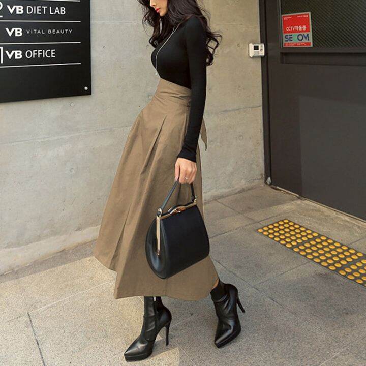 mexzt-high-waist-bow-skirts-women-korean-fashion-solid-big-swing-female-a-line-midi-skirts-elegant-all-match-slim-skirts