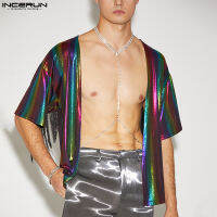 [Perfectly] INCERUN Mens Short Sleeve Shiny Metallic Jackets Tassels Party Cardigan Kimonos (สไตล์ตะวันตก)