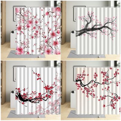 Chinese Ink Painting Red Plum Blossom Shower Curtain Plant Flowers Scenery Decor Fabric Bathroom Bath Curtains Hooks Cloth Sets