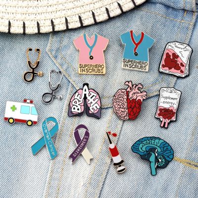 Medical Brooch for Doctor Nurse Stethoscope T-shirts Enamel Pins Heart Brain Lung Blood Bag Injector Badge Ambulance Pin Jewelry