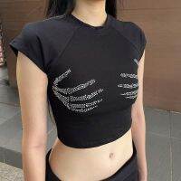 ☼ Summer Gothic Dark Devil Claw Ironing Diamond Short-sleeved T-Shirt Female Spice Girls Wearing Short Navel Abbey Style Slender Top