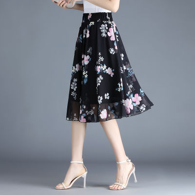 Chiffon Skirt Womens Summer Floral 2023 New Mid-Length Floral Skirt Pleated Printed Umbrella Skirt A- Line Skirt