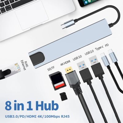 USB C Hub Tipe C ke 4K HD adaptor USB C ke 4K HD 8 In 1 dengan pembaca kartu SD/TF PD pengisian daya cepat untuk MacBook Notebook Laptop