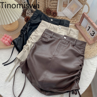 Tinomiswa PU Leather Mini Skirts Solid Color Drawstring Lace Up Autumn New Korean Style All-match High Waist Skirt Faldas Mujer