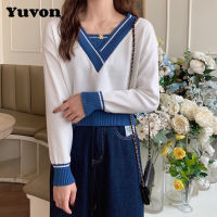 Yuvon สเวตเตอร์แขนยาวสำหรับผู้หญิง Baju Rajutan สองชิ้นปลอมคอวีทรงเพรียวบางสไตล์ใหม่สำหรับฤดูใบไม้ร่วงและฤดูหนาว