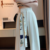 CHENWEN กางเกงเอวสูงสีขาวสำหรับผู้หญิง2023ติดกระดุม MODE Korea ใหม่กางเกงลำลองผู้หญิงออฟฟิศกางเกงขาม้าฤดูใบไม้ผลิฤดูร้อน