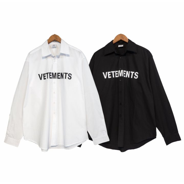 แฟชั่นเสื้อเชิ้ตแขนยาวพิมพ์ลายโลโก้-vetements-พลัสไซส์