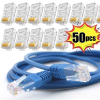 1-50ชิ้น CAT6 CAT5E ปลาย RJ45สายเคเบิลอีเทอร์เน็ตขั้วต่อแบบจีบหัวปลั๊กสายเครือข่าย UTP ปลั๊กหัวคริสตัลสำหรับพีซีโดยไม่ต้องผ่านรู