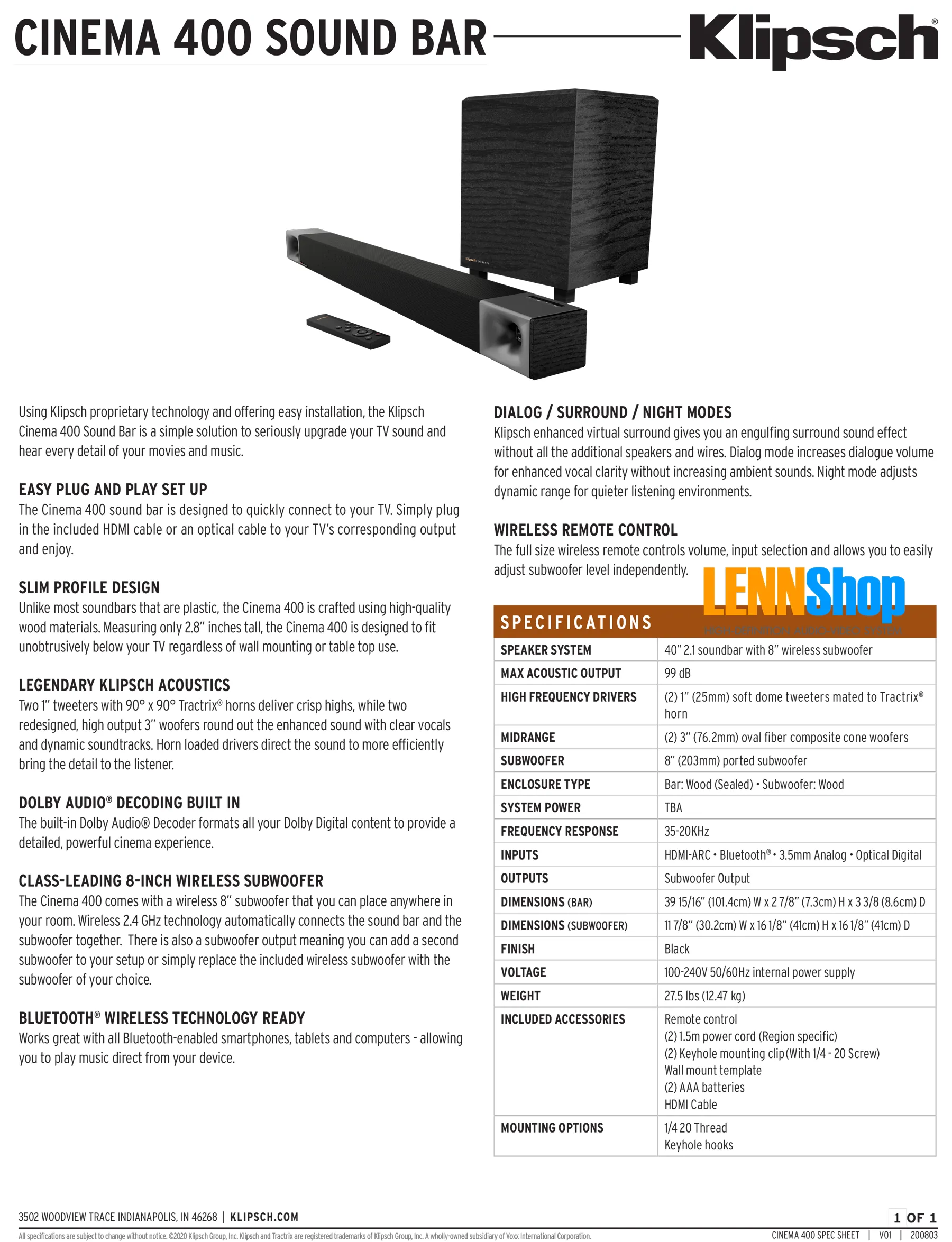 KLIPSCH CINEMA 400 SOUNDBAR + WIRELESS SUBWOOFER รับประกัน 1 ปี ศูนย์