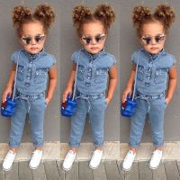 [COD] European and girls denim jumpsuit 2021 summer new childrens tie-up sleeveless