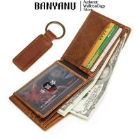 BANYANU กระเป๋าสตางค์หนังวัวแท้วินเทจสำหรับผู้ชาย Anti RFID กระเป๋าสตางค์ผู้ถือบัตรเดิมพร้อมพวงกุญแจของขวัญ