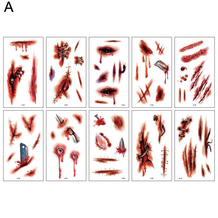แอสเตลล่า10แผ่น-ชุดสติกเกอร์รอยสักติดใบหน้าทันสมัยใช้งานง่ายสนุก3d-อุปกรณ์ประกอบฉากการเล่นที่ไม่เจ็บปวดกระดาษรอยแผลเป็นสติกเกอร์สำหรับวันฮาโลวีนรอยสักชั่วคราวที่สวยงาม