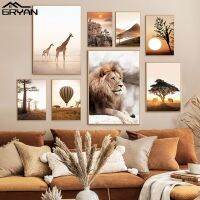 Lion Giraffe Elephant Animal Poster-ภูมิทัศน์พระอาทิตย์ขึ้นที่สวยงามด้วยต้นข้าวสาลีหน้าผาและบอลลูนลมร้อน-เหมาะสำหรับคนรักธรรมชาติ-พิมพ์ผ้าใบคุณภาพสูง