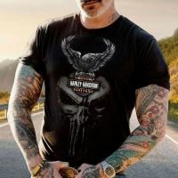 เสื้อยืดมอเตอร์ไซค์ Harley-Davidson,เสื้อยืดผู้ชายทนทานกว่าลายกะโหลกนกอินทรี S-5XL