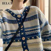 เสื้อคาร์ดิแกนถักกระดุมแถวเดียวรอบคอหลวมสีน้ำเงินของ IELGY