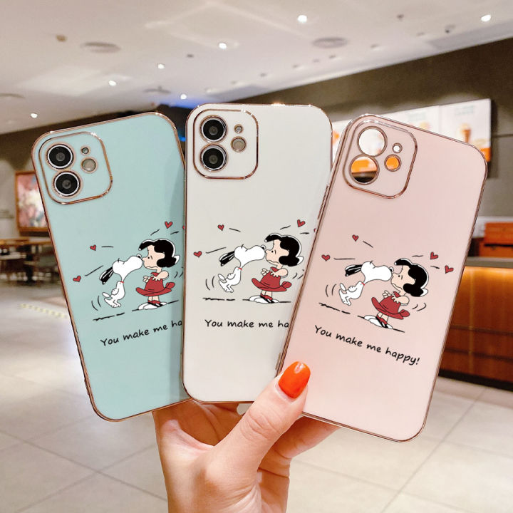 serpens-สำหรับ-oppo-a59-f1s-ฟรีสายคล้องการ์ตูนสนูปี้เคสโทรศัพท์เคสลายขอบสี่เหลี่ยมชุบหรูหราเคสโทรศัพท์นิ่ม