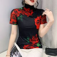 ☫  Size S-3XL Fixed Printing Mesh T Shirts Women Turtleneck Slim Short Sleeve Tees Lady Elegant Stretchy Floral Sheath Top T-Shirt