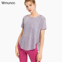 ~ Wmuncc เสื้อยืดลําลอง แขนสั้น ทรงหลวม แห้งเร็ว เหมาะกับการเล่นโยคะ วิ่ง เข้ายิม สําหรับสตรี