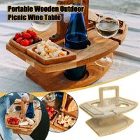 Portable Wine Table Serving Tray Wooden Wine Rack Organizer Folding Picnic Table with Handle Outdoor Wine Glasses Holder