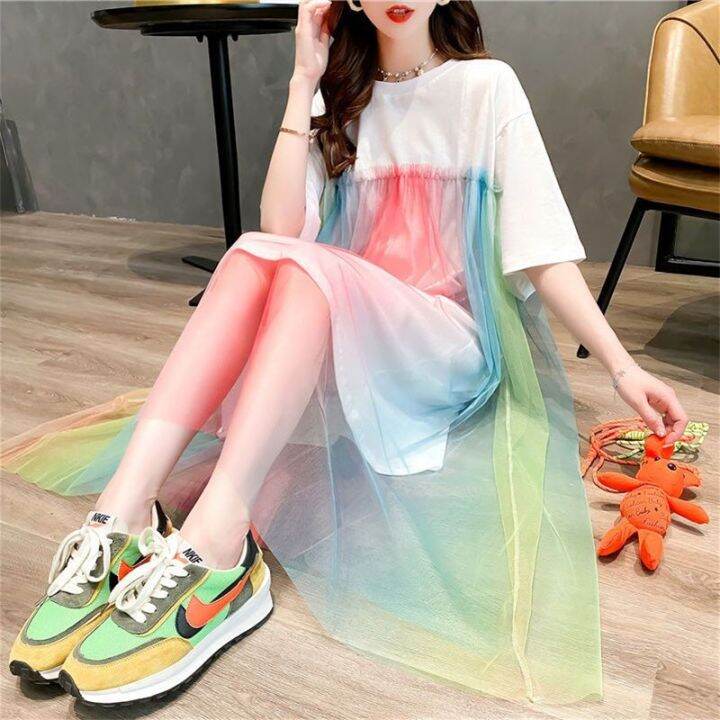 yf-2023-women-summer-rainbow-color-mesh-patchwork-sweet-casual-dresses-korean-style-o-neck-short-sleeve-loose-streetwear-midi-dress