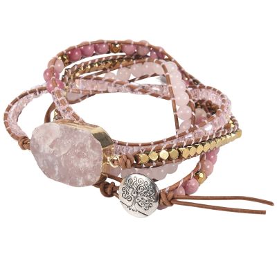 Natural Stone Bracelet Pink Quartz Leather Wrap Bracelets for Women Rose Gems Crystal Beads Bohemia Jewelry