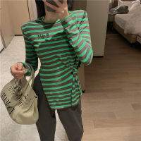 Nomikuma Long Sleeve Striped T Shirt High Street Graphic Tees O Neck Split Design Casual Loose Tops Korean Letter Printed Tshirt