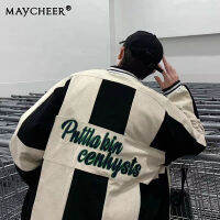 MAYCHEER เสื้อคู่แจ็คเก็ตทรงหลวมสีบล็อกการรับรู้ดีไซน์ใหม่ของผู้ชายแจ็คเก็ต Corduroy