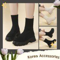 Korean? รองเท้าบูทผ้าทอถุงเท้า ทรงข้อสูง พื้นขอบหยัก มี 2 สี เบอร์ 36-43 (160)