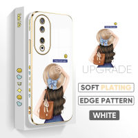 เคส PMP สำหรับ Honor 90 5G 90 Lite 5G ฟรีสายคล้องเคสลายขอบสี่เหลี่ยมเด็กผู้หญิงน่ารักหมวกการ์ตูนชุบเคสโทรศัพท์เคสโทรศัพท์นิ่มสุดหรู