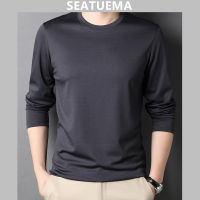 SEATUEMA ชายเสื้อยืดแขนยาวภายใต้เสื้อคอกลมผ้าไหมสีทึบท็อปส์ซู