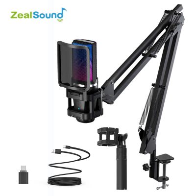 Zealsound RGB Recording Microphone With Articulated Arm/USB Condenser Mic with Tripod For Gaming Podcasting Streaming Youtube Cables Converters