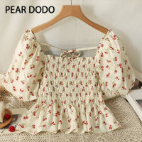 PEAR DODO เสื้อแขนสั้นสำหรับผู้หญิงเสื้อสายรัดเอวดอกไม้ทรงสี่เหลี่ยมสไตล์เกาหลี