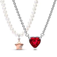 Red Sparkling Heart Halo Pendant Collier Lucky Star Series A Pearl Necklace 925 Sterling Silver Valentines Day DIY Jewelry