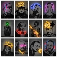 Neon ภาพ Travis Scott เพลง Star โปสเตอร์ Biggie Tupac Rap Hip Hop Rapper แฟชั่นรุ่น Art ภาพวาดผ้าใบ Wall Home Decor ใหม่