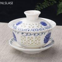 เครื่องลายครามจีนถ้วยชาเซรามิกแบบกลวงชาทำมือถ้วยชา Gaiwan อุปกรณ์ถ้วยชาสำหรับเครื่องดื่มบูติก