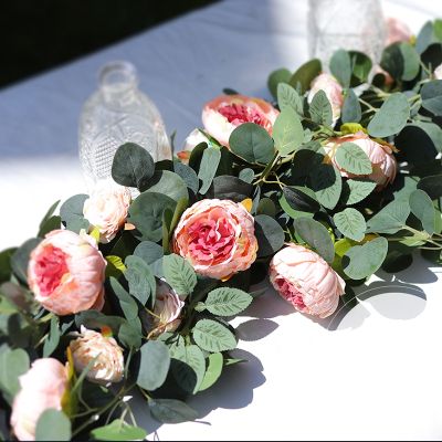 ดอกโบตั๋นปลอมสำหรับปาร์ตี้ [AYIQ Flower Shop] ไวน์รสกุหลาบพวงมาลัยดอกไม้ปลอมต้นไม้แขวนยูคาลิปตัสโบราณสำหรับตกแต่งงานแต่งงานประตูโค้งปาร์ตี้