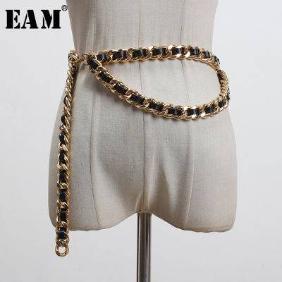 [EAM] Pu Leather Black Metal Chain Split Joint Long Belt Personality Women New Fashion Tide All-match Spring 2022 1T186