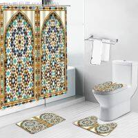 【CW】❏  Arabic Arch Antique Doors Shower Curtain Old Wood Door Non-Slip Rugs Toilet Lid Cover and