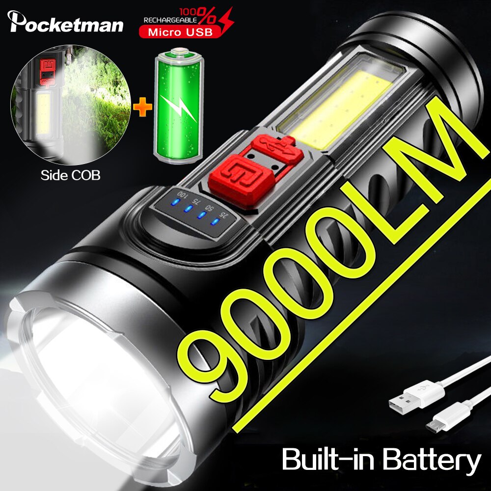90000LM USB/Solar Charging Led Flashlight Torch with Side Light Built-in Battery 
