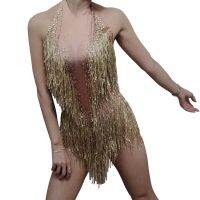 Sparkly Rhinestones Tassel Leotard Nightclub Dance Costume Show Stage Wear Party Bodysuit  Jazz Dance Singer Performance Outfit