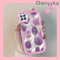 เคส Chenyyyka สำหรับ A93 OPPO 2020 F17 Pro Reno 4F Reno 4 Lite เคสรูปโบว์มอนสเตอร์น้อยดอกทิวลิปสีม่วงเคสนิ่มกันกระแทกกันรอยขีดข่วนเคสโทรศัพท์โปร่งใสฝาครอบป้องกันเลนส์กล้องถ่ายรูป TPU ซิลิกาเจล