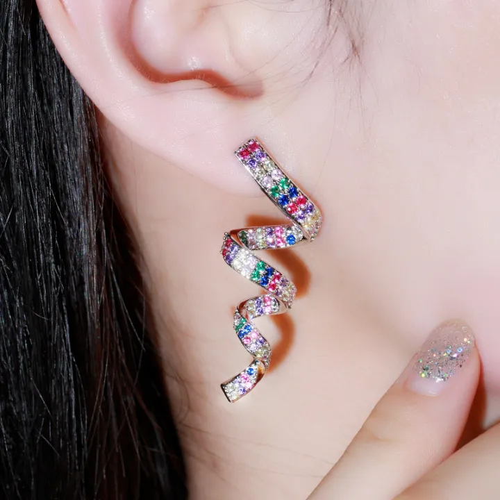 sequito-ขายร้อนชุบทองฝังเต็มรูปแบบสีสัน-cubic-zircon-ยาวเกลียวต่างหูผู้หญิงอินเทรนด์-rainbow-party-เครื่องประดับสำหรับไนท์คลับ-se632